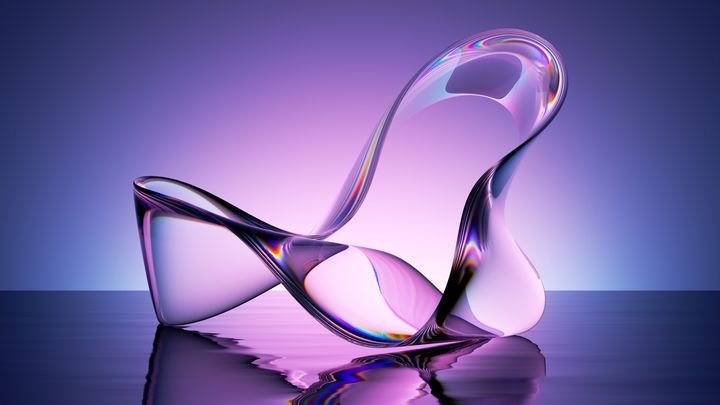 3d rendering, abstract violet background with curvy glass ribbon and reflection on the water surface. Simple modern minimalist wallpaper
