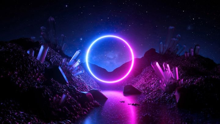 3d render, abstract neon background, mystical cosmic landscape, pink blue glowing ring over terrain, round frame, virtual reality, dark space, ultraviolet light, crystal mountains, rocks, ground