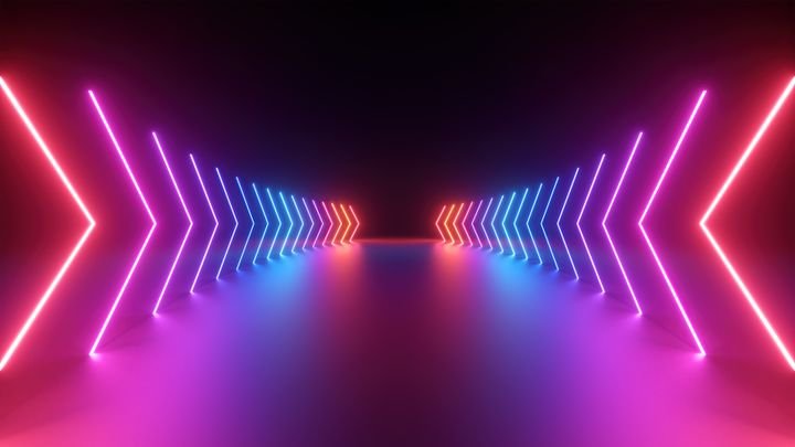 3d render, abstract panoramic pink blue red neon background with arrows showing forward direction