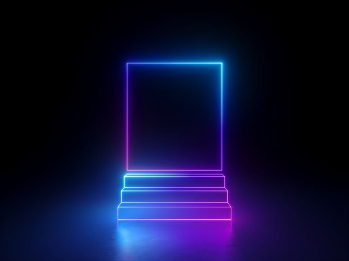 3d abstract neon square portal and steps isolated on black background, ultraviolet spectrum, glowing pink blue light, esoteric sacred geometry, blank frame with copy space