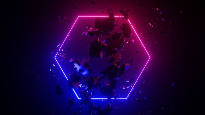 3d render abstract modern geometric background, pink blue neon light, glowing hexagonal frame, honeycomb shape. Broken concrete pieces levitating, rocks flying, wall debris. Minimal futuristic concept