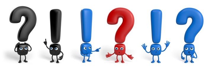 3d render, set of comic character symbols and signs with faces, hands and legs. Exclamation point, question mark. Clip art isolated on white background