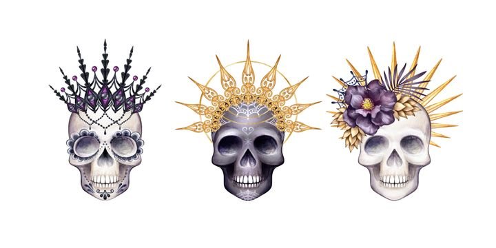 Collection of decorated gothic human skulls wearing crown. Esoteric watercolor illustration, spiritual clip art isolated on white background