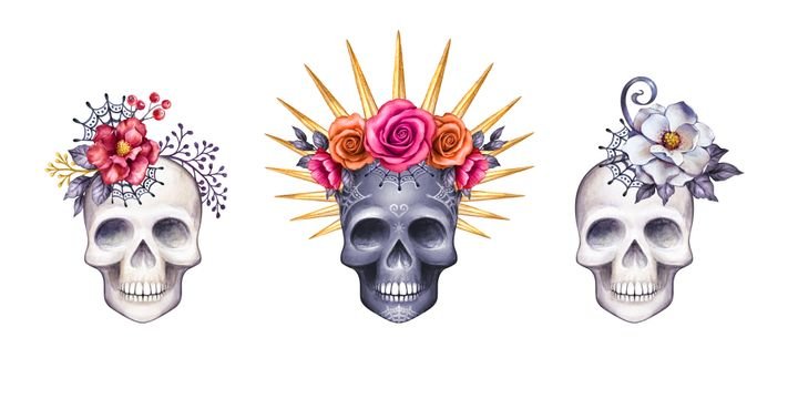 Set of human skulls decorated with flowers and gold crown. Esoteric vintage watercolor illustration, gothic clip art isolated on white background