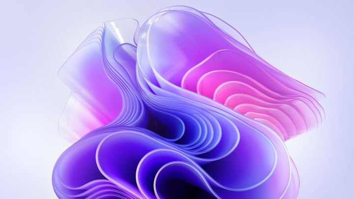3d render, modern abstract wallpaper with curvy pink violet translucent film ruffles, layers and folds. Fashion background