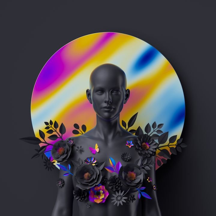 3d render, black bald woman portrait, female mannequin decorated with paper flowers, round geometric shape with colorful holographic foil texture. Modern fashion concept