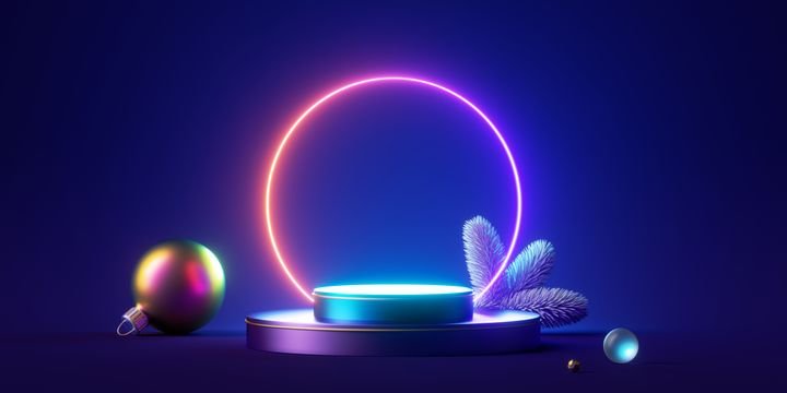 3d render, neon ring, empty stage podium and Christmas ornaments on blue background. Festive showcase for product presentation