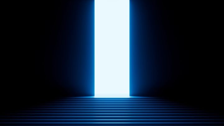 3d render, abstract minimalist blue geometric background. Bright neon light going through the vertical slot. Doorway portal glowing in the dark