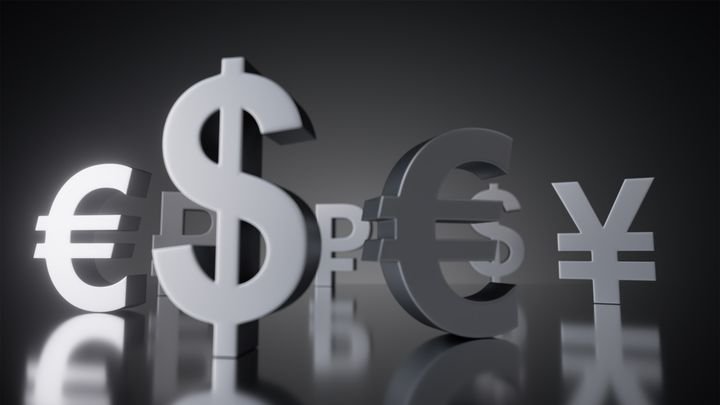 3d render, abstract financial background, assorted currency symbols, dollar sign, euro