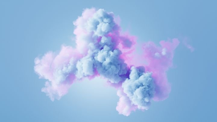 3d render, abstract blue background. Blue fluffy cloud illuminated with pink neon light. Minimal wallpaper