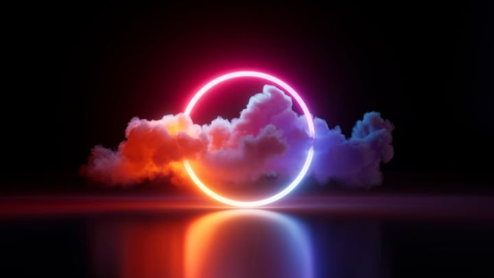 3d render, illuminated cloud and colorful neon ring glowing in the dark room, abstract minimalist background. Round frame blank banner. Fantastic geometric wallpaper.