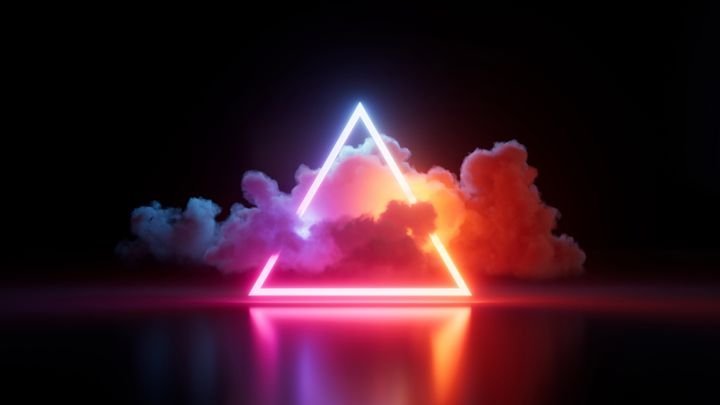 3d render, abstract minimalist neon background. Illuminated cloud and colorful triangular frame glowing in the dark. Fantastic geometric wallpaper