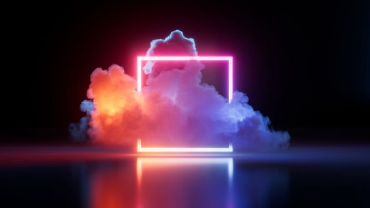 3d render, illuminated cloud and colorful neon square glowing in the dark room, abstract geometric background. Minimalist fantastic wallpaper. Rectangular frame blank banner