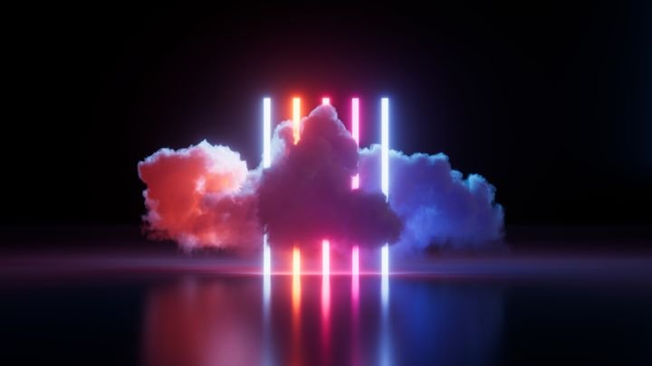 3d render, abstract minimalist background. Neon vertical lines and glowing colorful cloud. Stormy cumulus. Futuristic wallpaper
