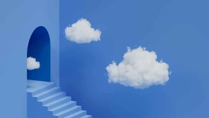 3d render, abstract background. White clouds flying inside the blue room with arch portal and steps. Minimalist wallpaper