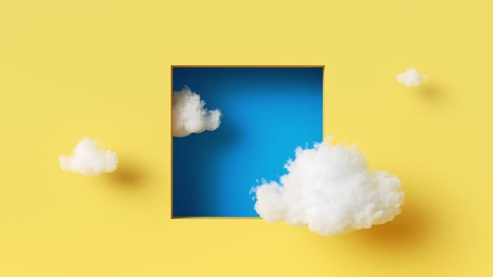 3d rendering, abstract background. White clouds fly inside the square blue hole on the yellow wall. Minimalist modern wallpaper