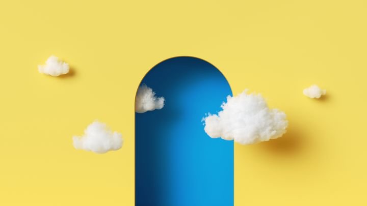 3d rendering, abstract background. White clouds fly outside the blue arch on the yellow wall. Modern fantasy wallpaper