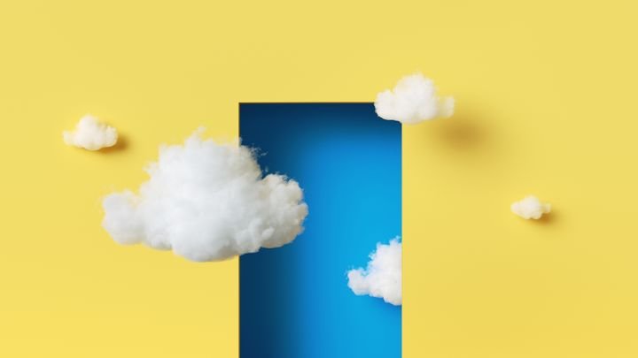 3d rendering, abstract minimalist geometric background. White clouds fly outside the blue doorway on the yellow wall. Modern fantasy wallpaper