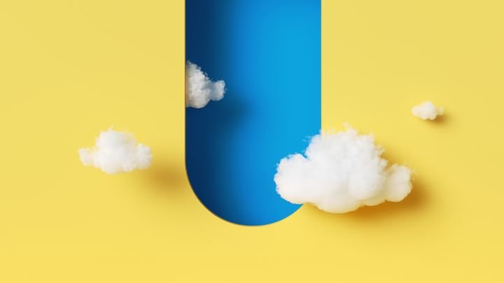 3d rendering, abstract fantasy Easter background. Blue sky inside the blue upside down arch on the yellow wall. Flying white clouds. Minimalist geometric wallpaper
