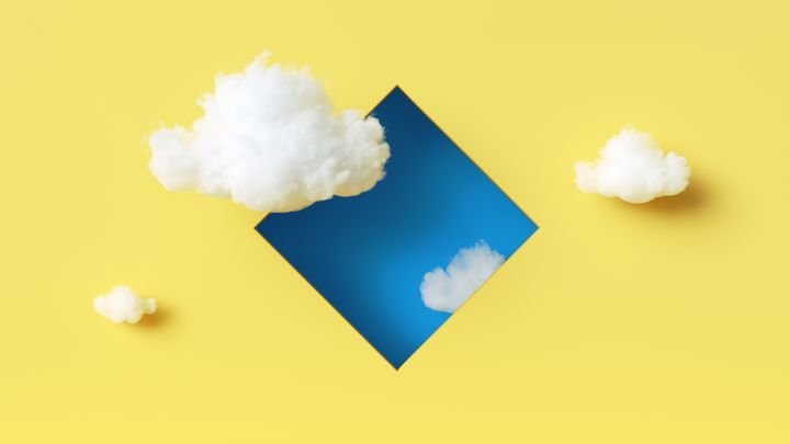 3d rendering, abstract minimalist geometric background. White clouds fly outside the blue rhombus hole on the yellow wall. Modern fantasy wallpaper