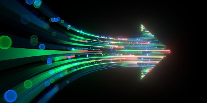 3d render, abstract neon arrow pointing right direction. Telecommunication technology concept. Glowing colorful lines and bokeh lights