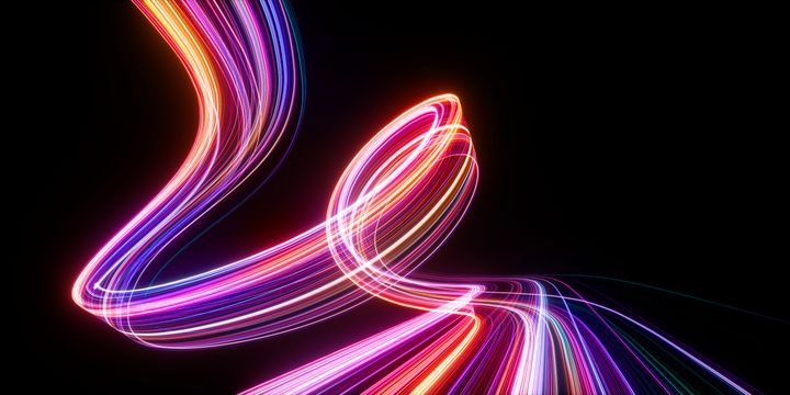 3d render. Abstract neon wallpaper. Glowing dynamic lines over black background. Light drawing trajectory. Fluorescent ribbon