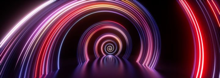 3d render. Abstract neon background of perspective view of spiral tunnel and glossy floor reflection