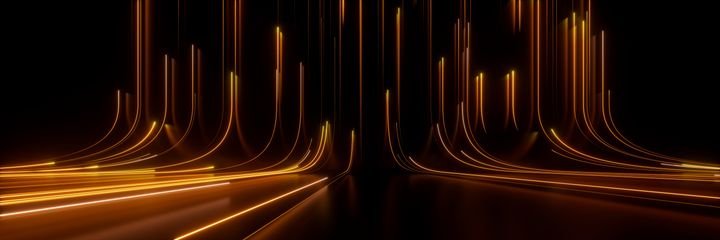 3d render, abstract neon wallpaper. Yellow glowing lines over black background. Streaming energy