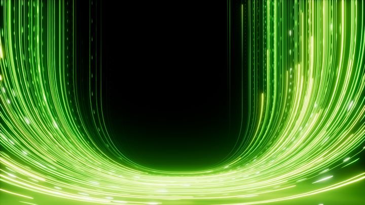 3d render, abstract wallpaper. Green neon lines over black background. Streaming energy. Particles moving and leaving glowing tracks