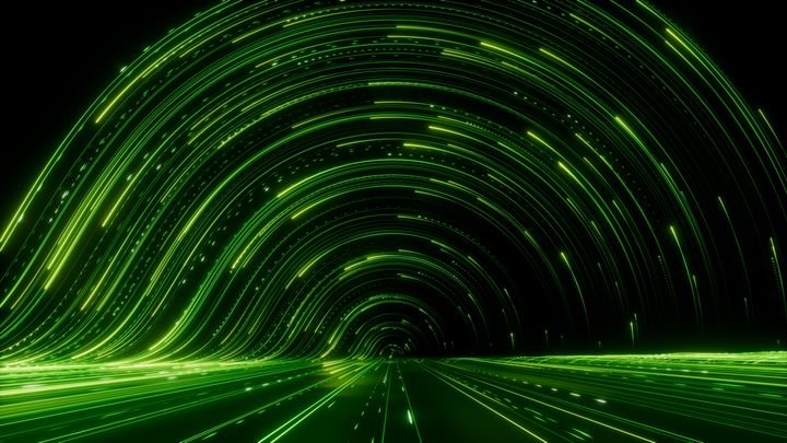 3d render, abstract neon wallpaper. Green glowing lines over black background. Streaming energy. Particles moving and leaving tracks
