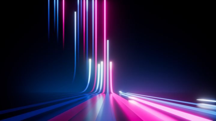 3d render, abstract background with vertical pink blue neon lines glowing in the dark. Digital ultraviolet wallpaper