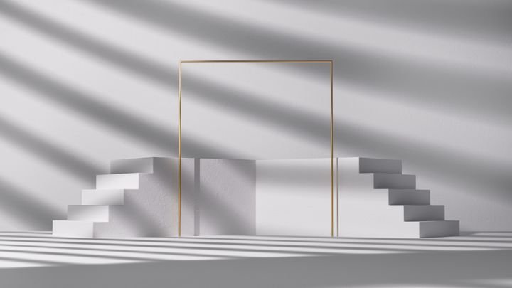 3d render, abstract background with shadows, white steps and gold square frame. Blank showcase scene for product presentation