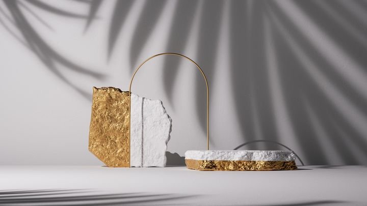 3d render, abstract minimalist white background with golden arch, cobblestones, rocks and palm leaf shadow. Vacant fashion podium. Trendy showcase with empty stone platform for product presentation