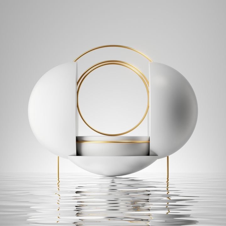 3d render, abstract geometric background, simple showcase scene with white hemispheres, golden round frames and liquid floor, reflection in the water. Podium for product presentation