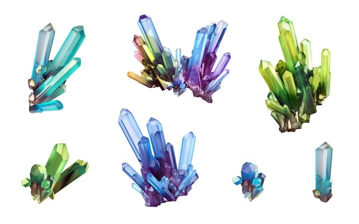 3d render, set of colorful crystals. Collection of geological minerals, quartz nugget clip art isolated on white background