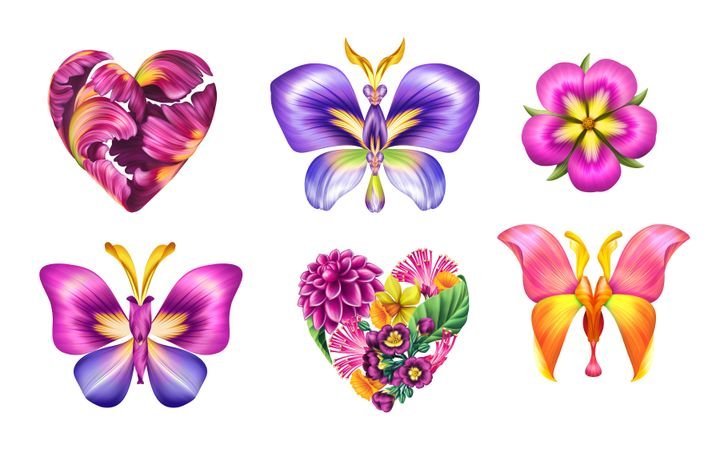 digital botanical illustration, set of floral hearts, fantasy butterflies and colorful flowers. Clip art isolated on white background