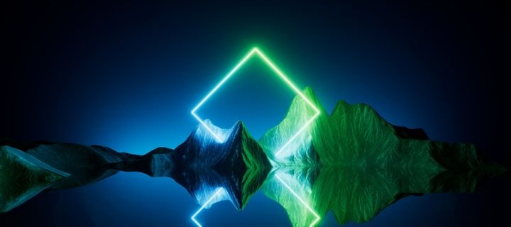 3d render, abstract neon background with rhombus geometric shape, square frame and extraterrestrial landscape under the night sky. Rocks and water reflection. Futuristic minimalist wallpaper