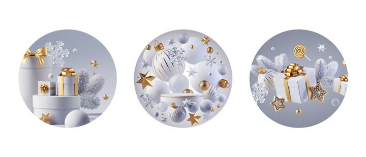 3d render, collection of assorted round Christmas stickers, festive white and gold clip art. Set of winter holiday labels