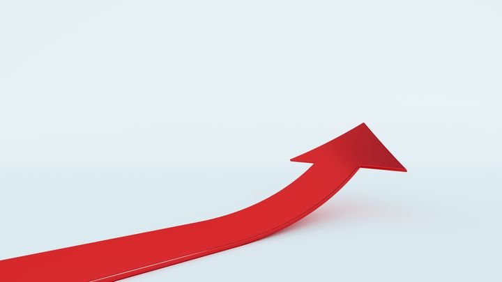 3d render, abstract red ribbon arrow shows up, isolated on white background. Direction symbol