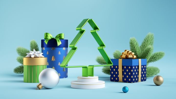 3d rendering, Christmas banner: fir tree, light blue background with wrapped gift boxes, green spruce branches and festive ornaments glass balls. Winter holiday wallpaper