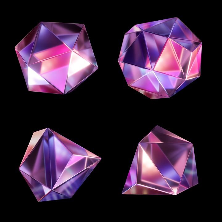 3d rendering, assorted purple crystals isolated on black background. Faceted glass shapes. Clip art set