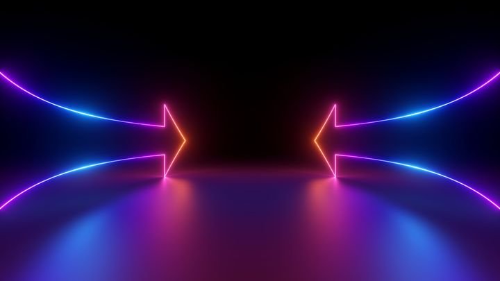 3d render, abstract minimalist geometric background. Two counter neon arrows approaching each other, linear chart. Duality concept