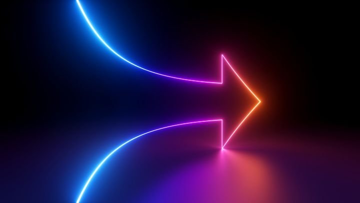 3d render, abstract minimalist geometric background. Colorful neon arrow shows right direction, linear sign