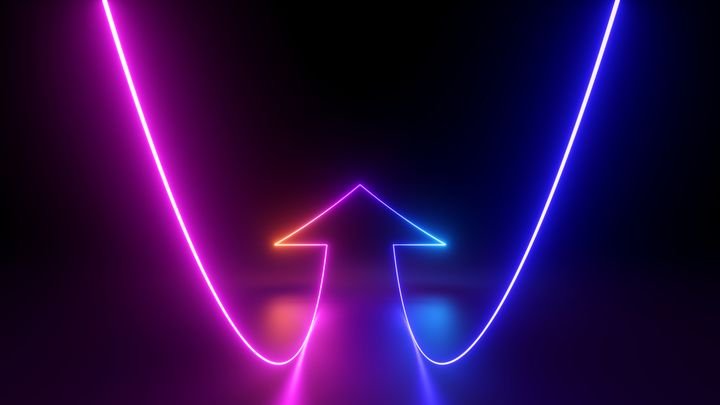 3d render, abstract minimalist geometric background. Pink blue neon arrow rising, linear sign
