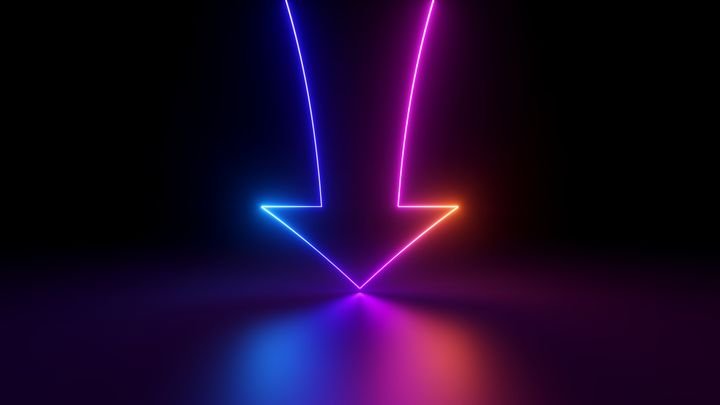3d render, abstract minimalist geometric background. Colorful neon arrow points down, linear sign