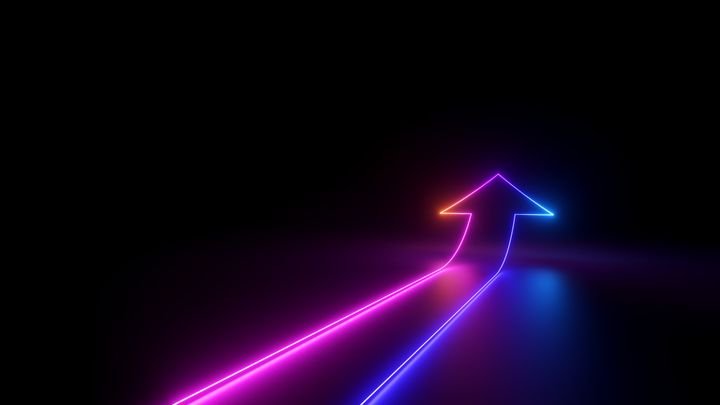 3d render, abstract minimalist geometric background. Pink blue neon arrow, linear symbol, rising chart