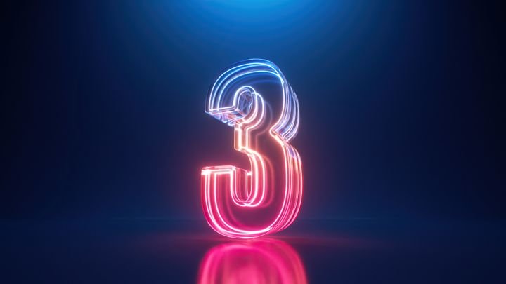 3d render, digital neon number three. The third place. Glass symbol with glowing linear frame, laser line