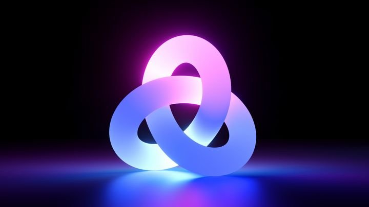 3d render, pink violet neon tangled geometric shape glowing in the dark. Abstract minimalist background with infinity symbol. Endless loop ribbon