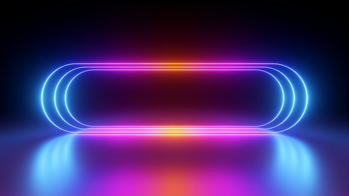 3d render, glowing pink blue neon lines, rounded geometric blank frame, isolated on black background. Ultraviolet spectrum. Cyber space. Abstract futuristic wallpaper