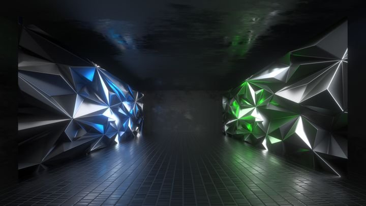 3d render, abstract futuristic background. Empty dark room with crystallized wall panels. Dark tunnel or corridor